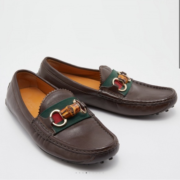 GUCCI LOAFER LETHER DARK BROWN WEB BAMBOO SLIP ON LOAFER SIZE 38 - Picture 4 of 9